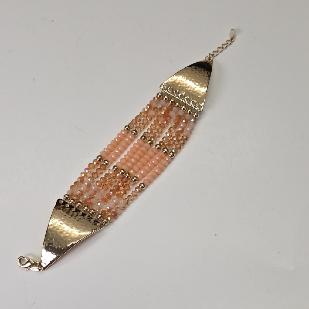 Peach Beaded Multi-Row Bracelet with Gold Accents